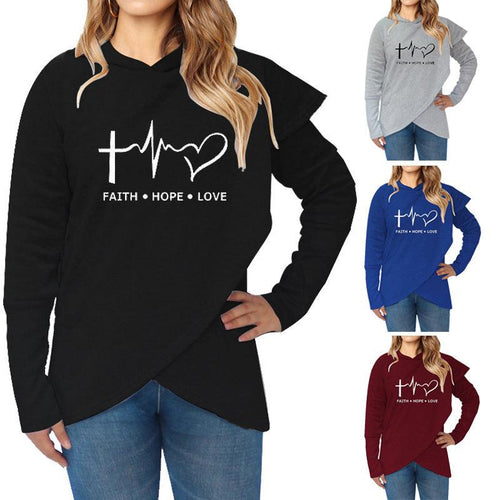 Plus Minus Co Autumn Winter Women Hoodies Sweatshirts Casual Plus Size Faith Printed Hooded Sweatshirt