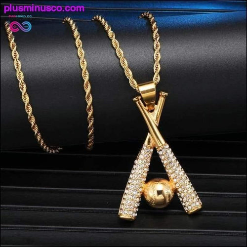 Plus Minus Co Baseball Bling Iced Out Gold Color Pendants & Necklace, HIP