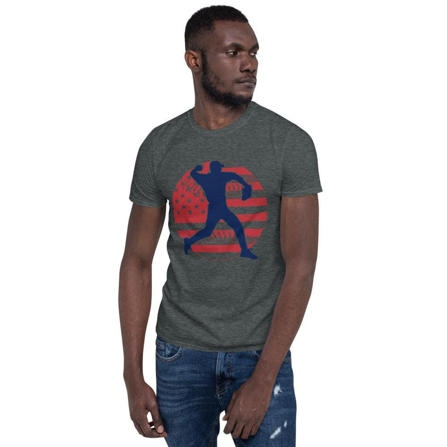 Plus Minus Co Baseball player, red white and blue Unisex T-Shirt
