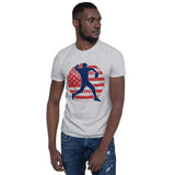 Plus Minus Co Baseball player, red white and blue Unisex T-Shirt, view 2