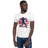 Plus Minus Co Baseball player, red white and blue Unisex T-Shirt, view 3