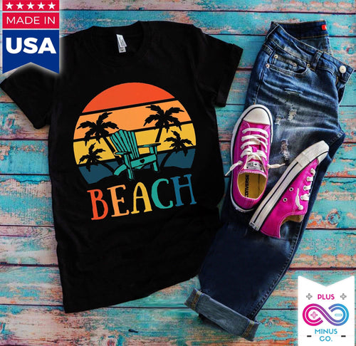Plus Minus Co Beach Chair Palm Trees | Retro Sunset T-Shirts,Island Life T-Shirt | Summer Shirt | Vacation Shirt