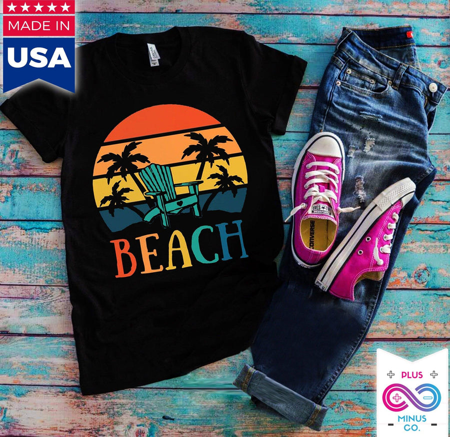 Plus Minus Co Beach Chair Palm Trees | Retro Sunset T-Shirts,Island Life T-Shirt | Summer Shirt | Vacation Shirt