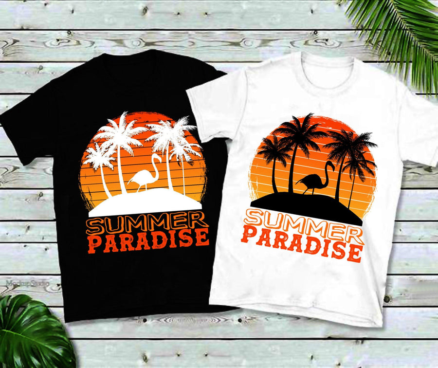 Plus Minus Co Beach Palm Trees Flamingo | Summer Paradise | Retro Sunset T-Shirts, Island Life T-Shirt | Summer Shirt | Vacation Shirt