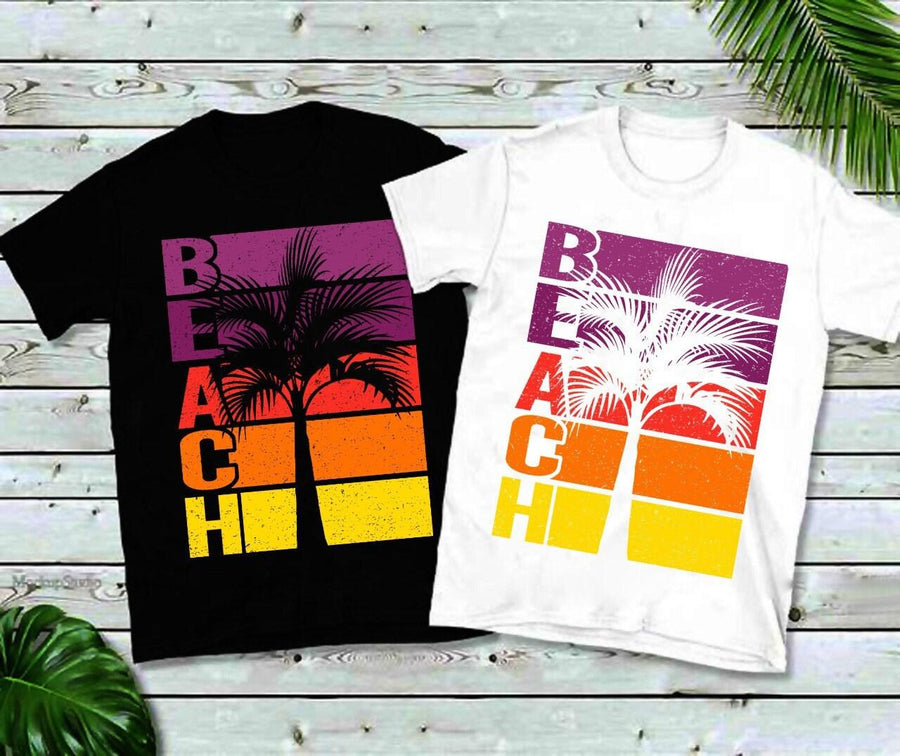 Plus Minus Co Beach Palm Trees Horizontal Stripes Sunset Cutout Distressed T-Shirts