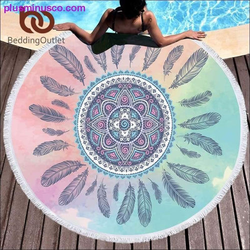 Plus Minus Co BeddingOutlet Feathers Tassel Mandala Tapestry Boho Round Beach Towel Pink and Blue Toalla Sunblock