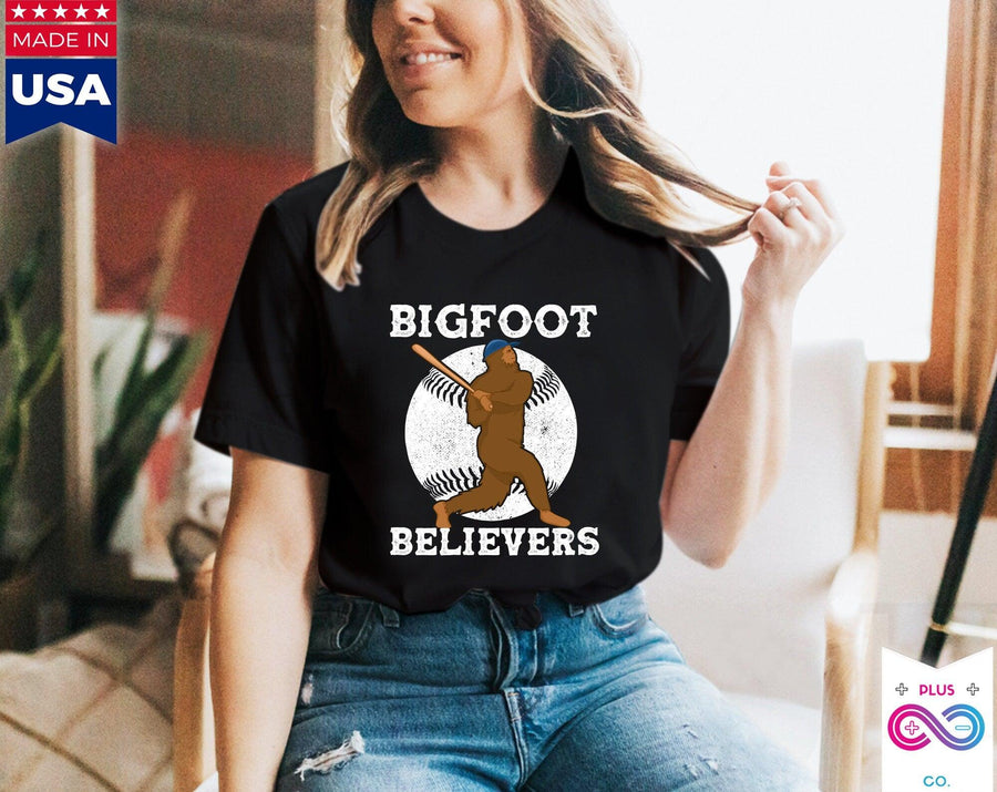 Plus Minus Co Bigfoot Believers Baseball T-Shirts, Bigfoot Baseball Shirt / Bigfoots Gift / Baseball Sport Yeti Sasquatch, Sports Team / Scary Monster