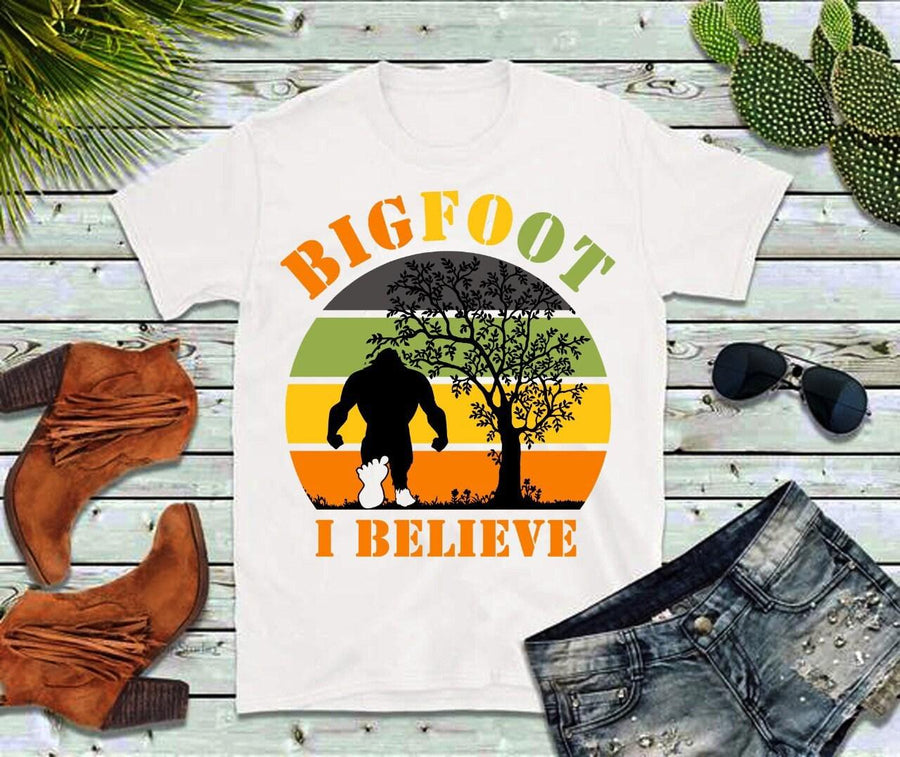 Plus Minus Co Bigfoot I Believe | Retro Sunset T-Shirts,Bigfoot,Bigfoot Gift, Bigfoot Believe, Big Foot Believe,Sasquatch,hide and seek, world champ
