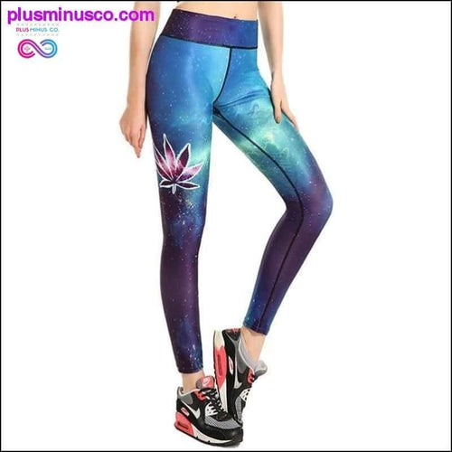 Plus Minus Co Blue Green Weed Leaf Prints Elastic Slim Fitness Workout
