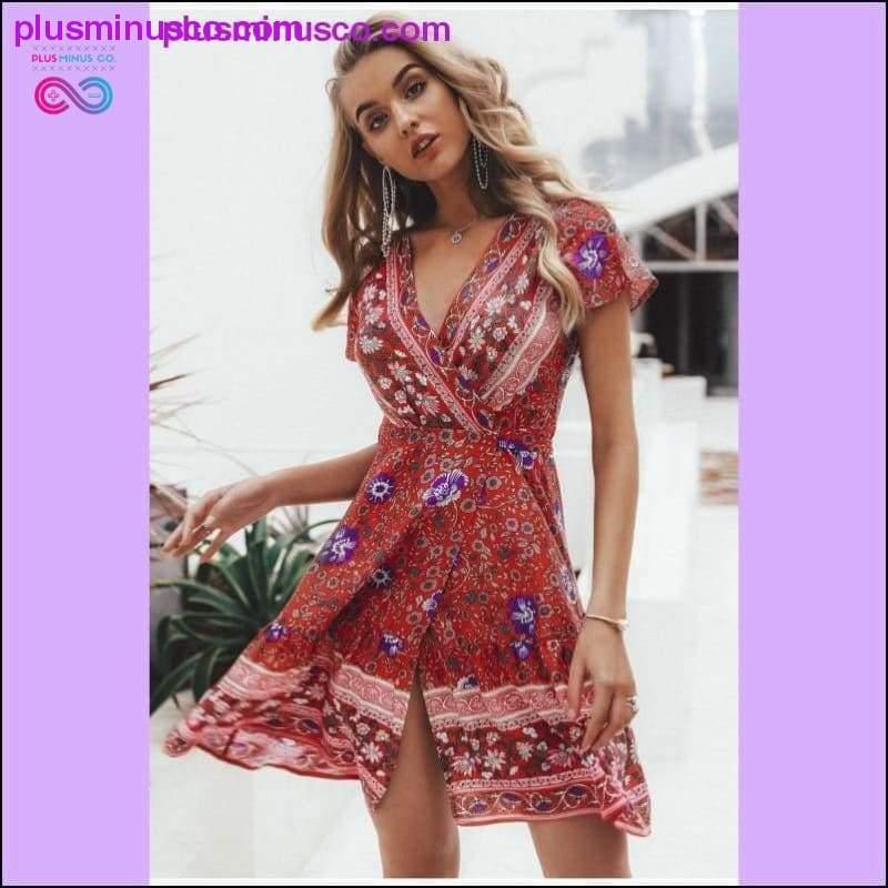 Plus Minus Co Bohemian floral mini women summer dress festa V neck ruffle