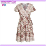 Plus Minus Co Bohemian floral mini women summer dress festa V neck ruffle, view 5