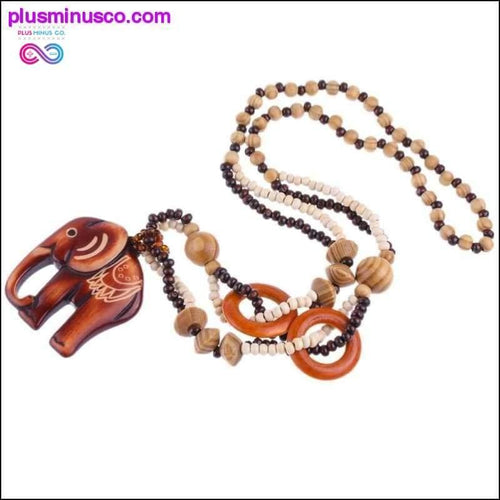 Plus Minus Co Boho Style Ethnic Handmade Bead Wood Elephant Necklace and