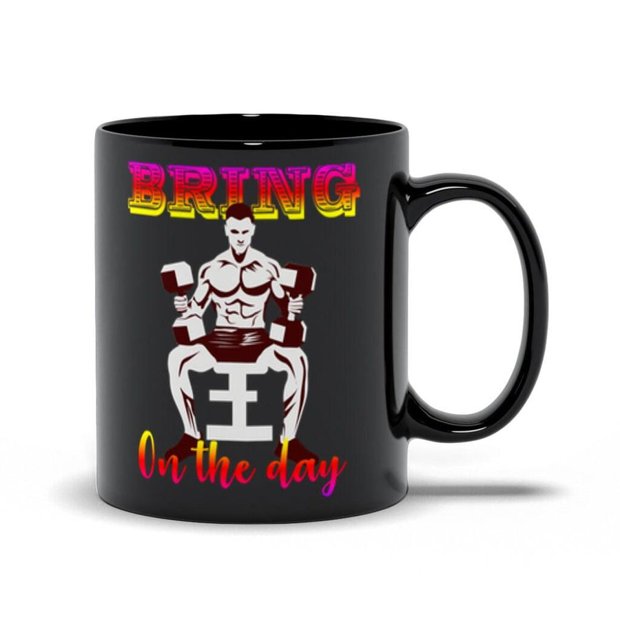 Plus Minus Co Bring On The Day Black Mugs,Men's Weight Lifting, Athletic T-Shirt, Gym Workout, Fitness Sports