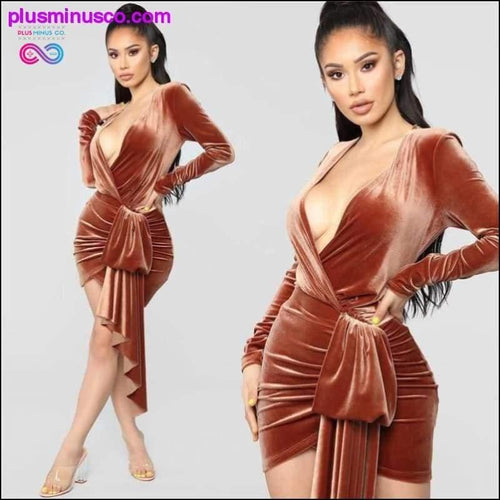 Plus Minus Co Brown Velvet Bodycon Dress V Neck Long Sleeve Sashes Wrap
