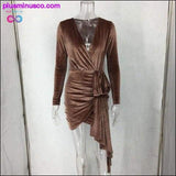 Plus Minus Co Brown Velvet Bodycon Dress V Neck Long Sleeve Sashes Wrap, view 2