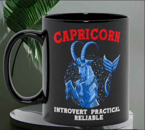 Plus Minus Co Capricorn Qualities  Introvert, Practical, Reliable Black Mugs, Capricon Zodiac design Mug, Capricon Gift ideas, December Born, January Born