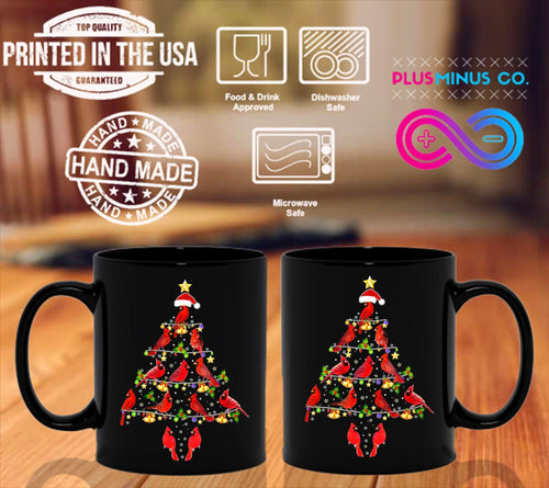 Plus Minus Co Cardinal Bird Christmas Tree Black Mugs, Red Cardinal Birds Coffee Mug Tea Cup, Christmas Holiday Mug