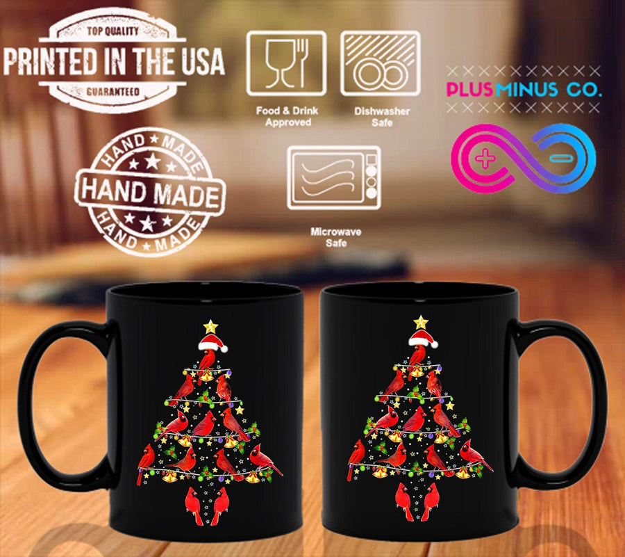 Plus Minus Co Cardinal Bird Christmas Tree Black Mugs, Red Cardinal Birds Coffee Mug Tea Cup, Christmas Holiday Mug