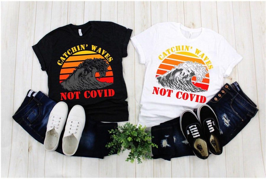 Plus Minus Co Catchin' Wave Not Covid | Retro Sunset T-Shirts, Adventure Surfing TShirt, Surf T Shirts, Surf Lover Gift, Surfer Gifts, Surfer Shirt,