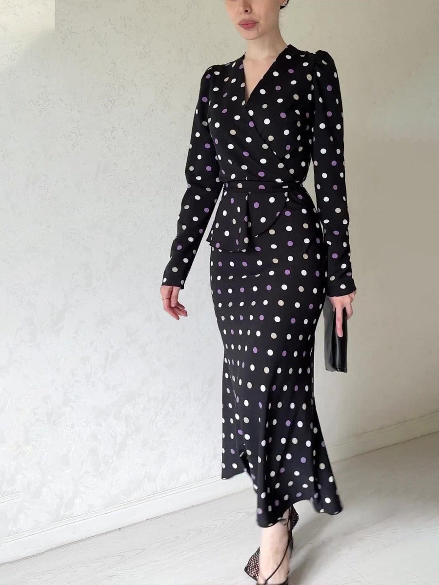 Plus Minus Co Chic French polka dot dress, elegant V-neck, buttocks wrapped skirt, lace up waist, slimming bottom skirt