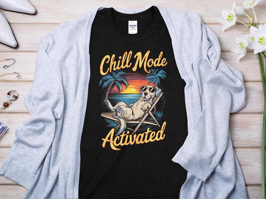 Plus Minus Co Chill Mode Activated Dog on Beach T-Shirt - Relaxed Summer Vibes Tee