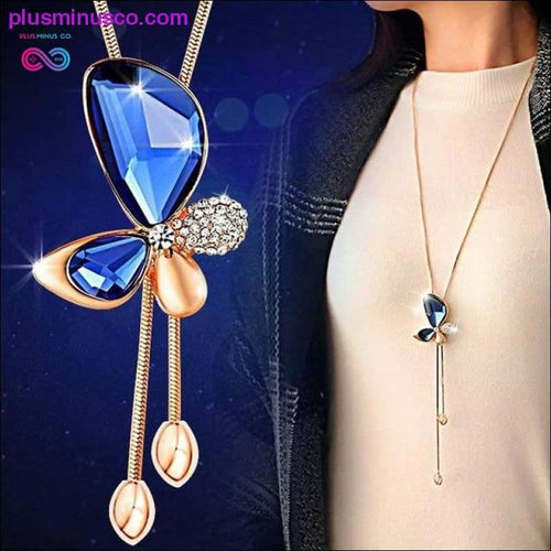 Plus Minus Co Classic Crystal Butterfly Tassel Long Necklace Women Bijoux