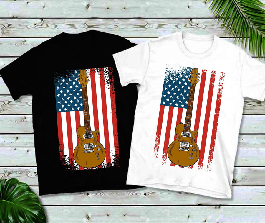 Plus Minus Co Classic Guitar Distressed American Flag T-Shirts,America Shirt, America T, 4th of July Tee, Unisex Sized, music lover guitar player USA love
