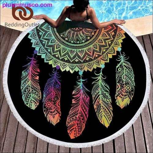 Plus Minus Co Colorful Dreamcatcher Tassel Mandala Tapestry Black Round Beach Towel 150cm