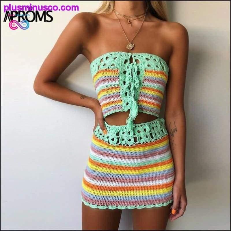 Plus Minus Co Colorful Striped Strapless Crochet Tube Crop Top and Skirt