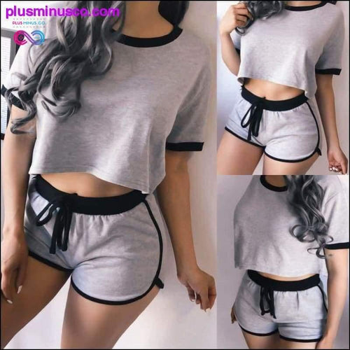 Plus Minus Co Cotton Solid Splice Loose Short Sleeve Cropped Tops+Shorts