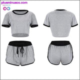 Plus Minus Co Cotton Solid Splice Loose Short Sleeve Cropped Tops+Shorts, view 2