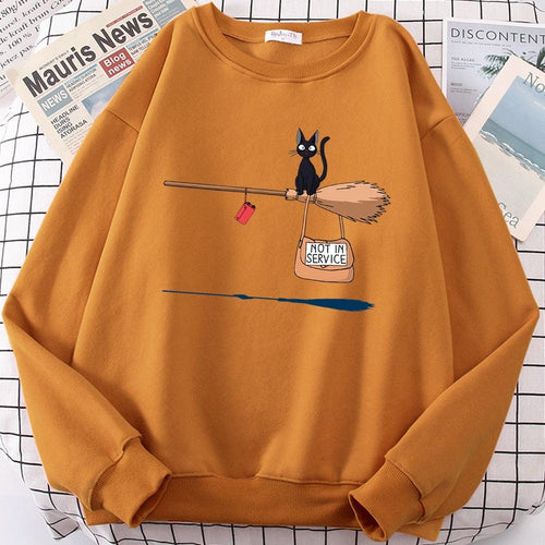 Plus Minus Co Cute Cat Not In Service Print Hoodies Women Casual Crewneck Sportswear Fleece Warm Fleece Sweatshirt Loose Hoody Autumn Clothes