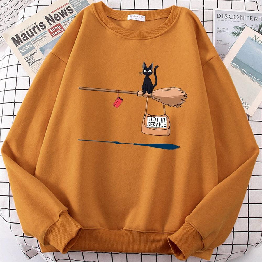 Plus Minus Co Cute Cat Not In Service Print Hoodies Women Casual Crewneck Sportswear Fleece Warm Fleece Sweatshirt Loose Hoody Autumn Clothes