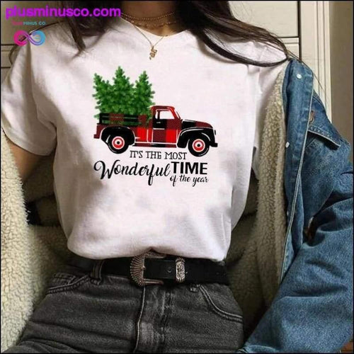 Plus Minus Co Cute, Funny Christmas Truck with Trees Graphic T-shirt for