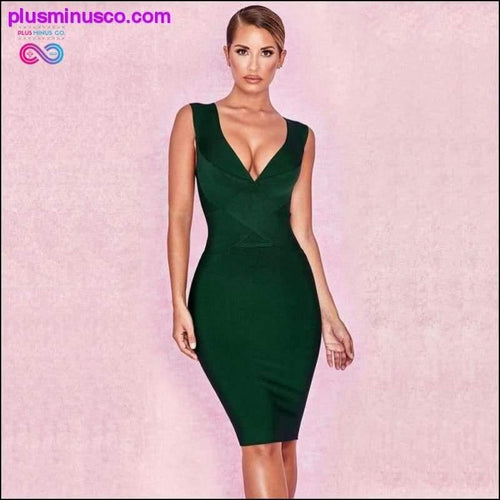 Plus Minus Co Dark Green Deep V Neck Elastic Knitted Runway Knee Length