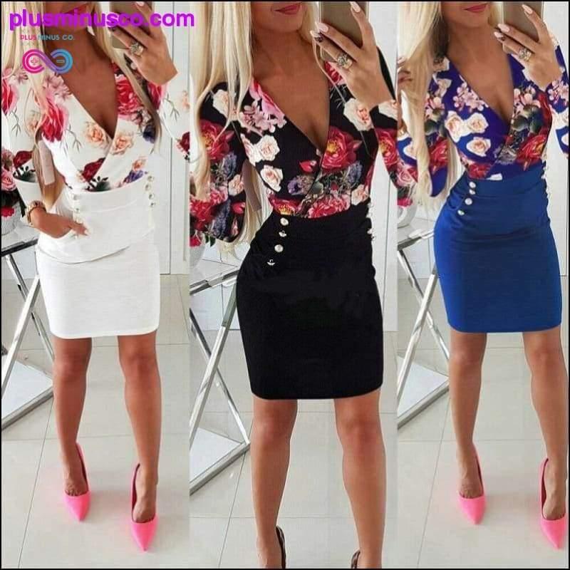 Plus Minus Co Deep V Neck Sexy Dresses Autumn Floral Print Button Bodycon