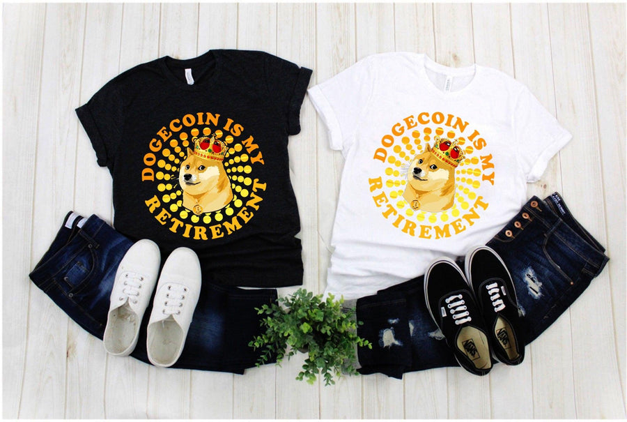 Plus Minus Co Dogecoin Is My Retirement | Spiral Dots | Retro Sunset T-Shirts, Dogecoin To The Moon