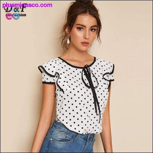 Plus Minus Co Dotfashion White Polka Dot Knot Piping Trim Blouse Women