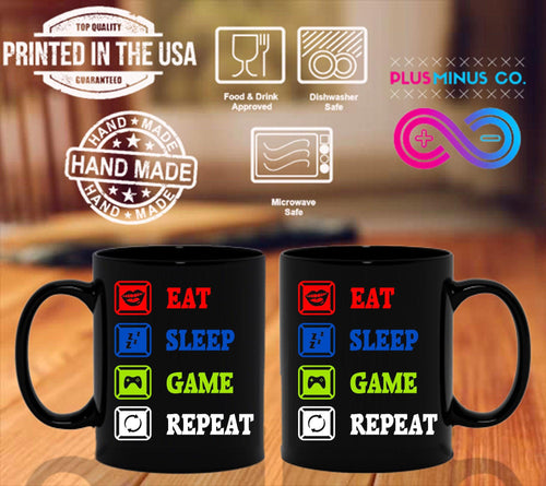 Plus Minus Co Eat Sleep Game Repeat Black Mugs, Male Female Gamer Mug, Funny Gaming Meme Mug, Funny Gamer Mug Idea for Him Boyfriend Husband