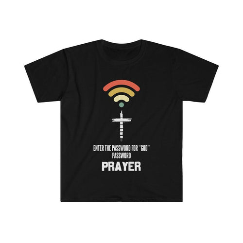 Plus Minus Co Enter the password for "GOD" password PRAYER Unisex Soft style T-Shirt