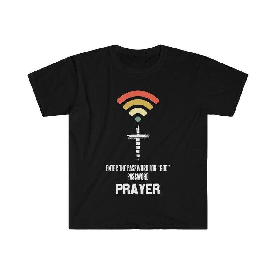 Plus Minus Co Enter the password for "GOD" password PRAYER Unisex Soft style T-Shirt