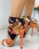 Plus Minus Co European and American Style Large Size Mini Monogram Stiletto Heel Bow Bandage, view 3