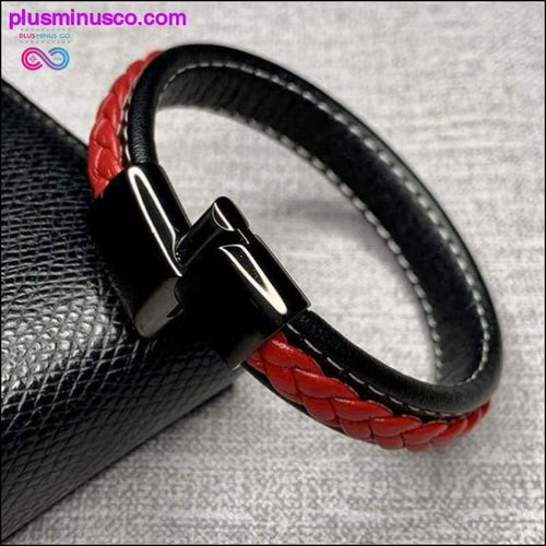 Plus Minus Co Fashion Black Red Leather Bracelets Men Wrist Band Stainless