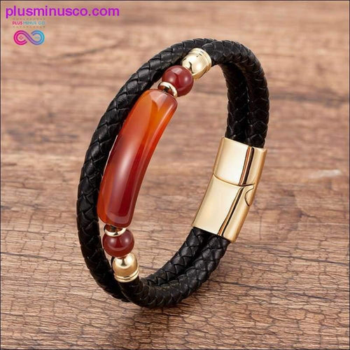Plus Minus Co Genuine Leather Bracelet Men Multilayer Rope Natural Stone