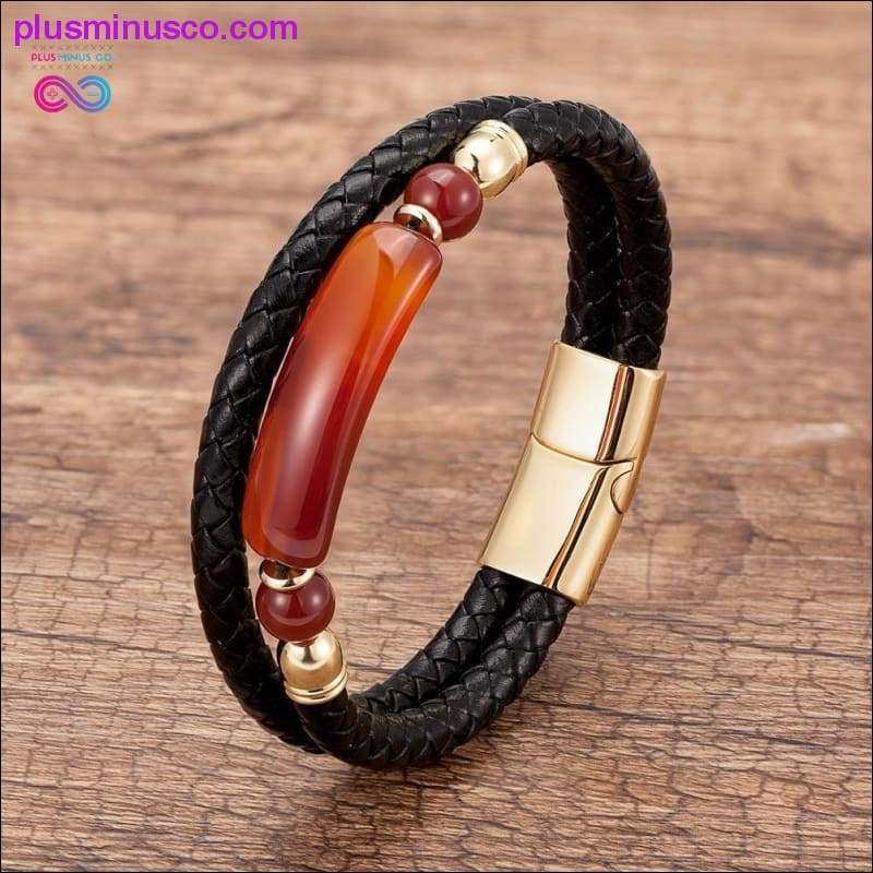 Plus Minus Co Genuine Leather Bracelet Men Multilayer Rope Natural Stone