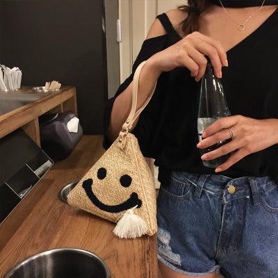 Plus Minus Co Woven Bag Straw Sling Bag Smiley Face Design