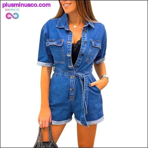 Plus Minus Co Fashion Women Denim Playsuits Sexy Lapel Short Sleeve Pocket