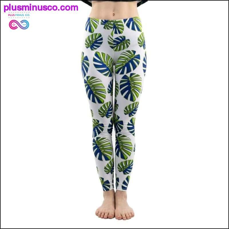 Plus Minus Co Fashion Women Trend Green Leaves Pattern White Leggings