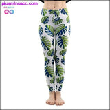 Plus Minus Co Fashion Women Trend Green Leaves Pattern White Leggings, view 3