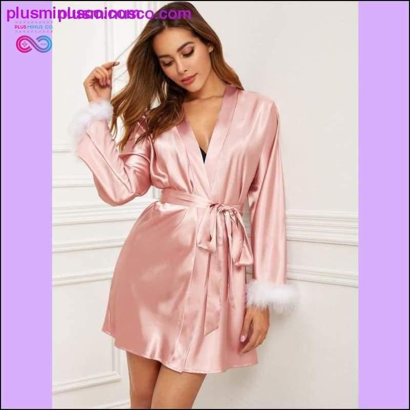 Plus Minus Co Faux Fur Trim Satin Robe Sexy Ladies Bathrobe Pink Belted